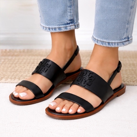 [Tory Burch] Classic Black Leather Logo Sandals